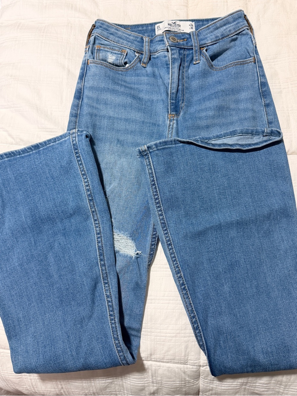 Hollister Light/Medium Blue Flare Jeans with Knee Distress